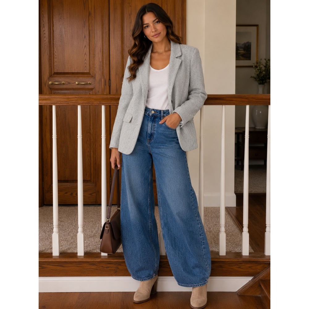 Loft Petite Grey Herringbone Single Button Blazer Jacket 4P B135
